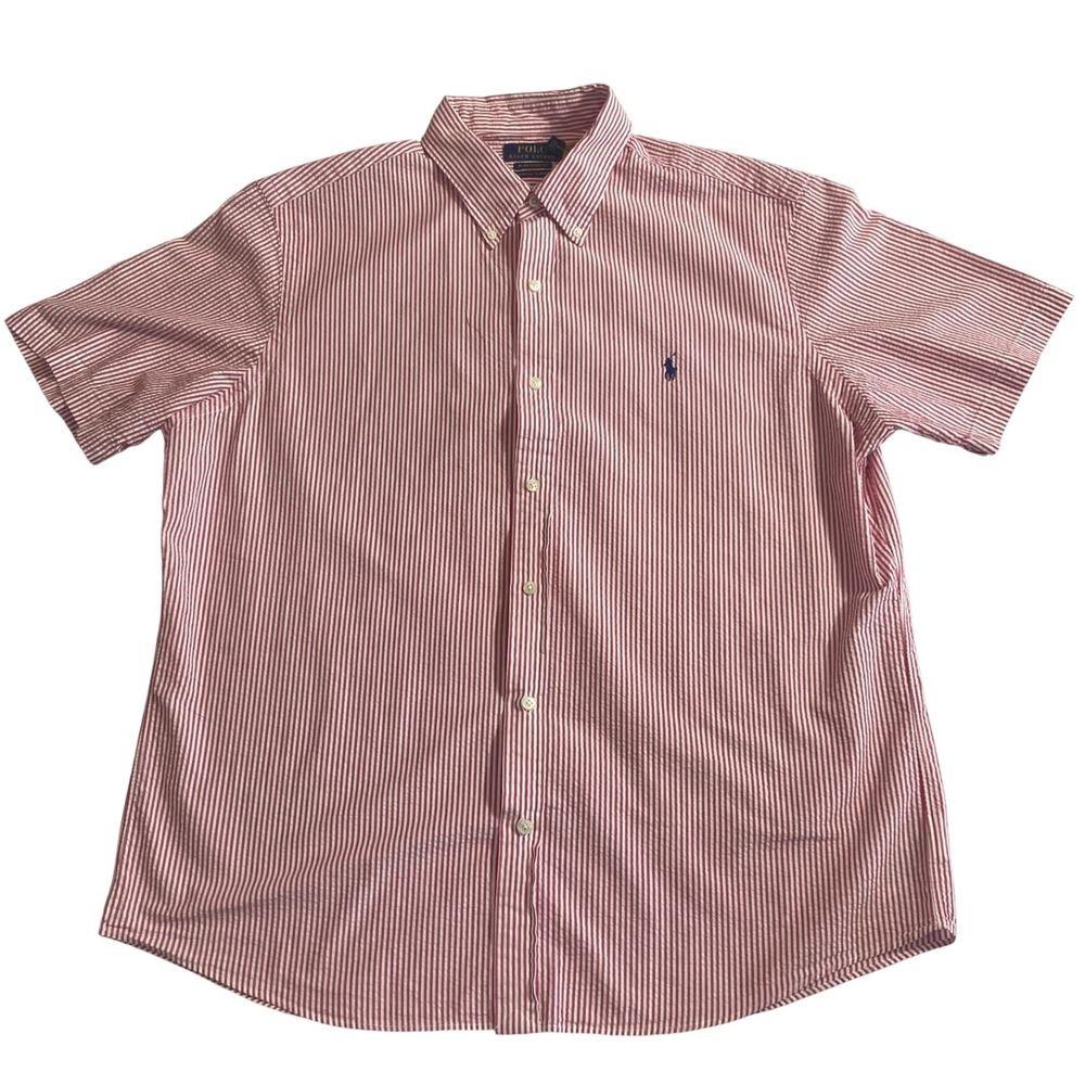 Polo Ralph Lauren Mens XL Red White Seersucker Stripe S/S Untucked Preppy